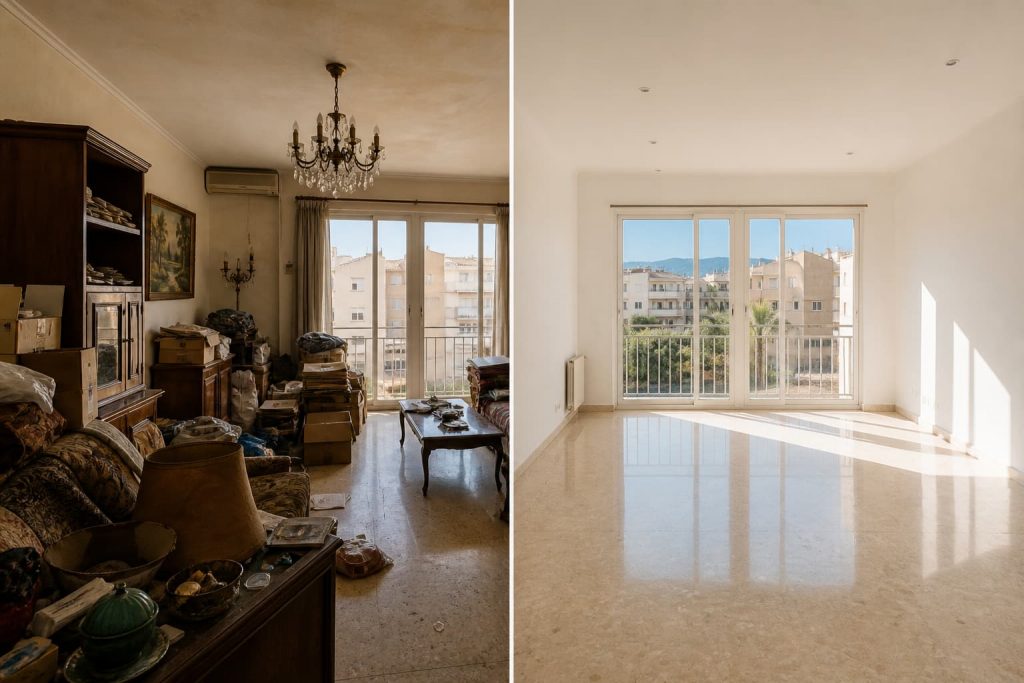 Antes y después del vaciado y limpieza de un piso en Mallorca